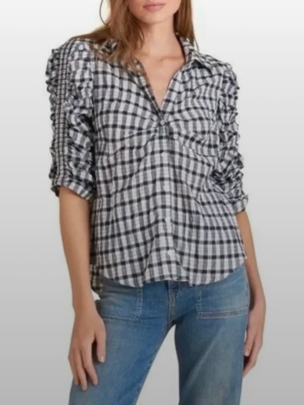 EUC - Veronica Beard Navy and White Plaid Ruched - Sleeve Blouse S - Like New